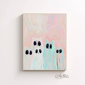 Cat ghosts painting Pastel cats halloween poster Printable pastel ghosts wall art Magical halloween decor print Girlie halloween artwork 209