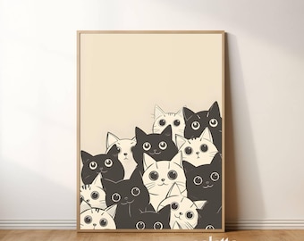 Black cats poster Printable white cats wall art Kawai cat poster Black cat artwork Funny cat print Funny restroom print 178