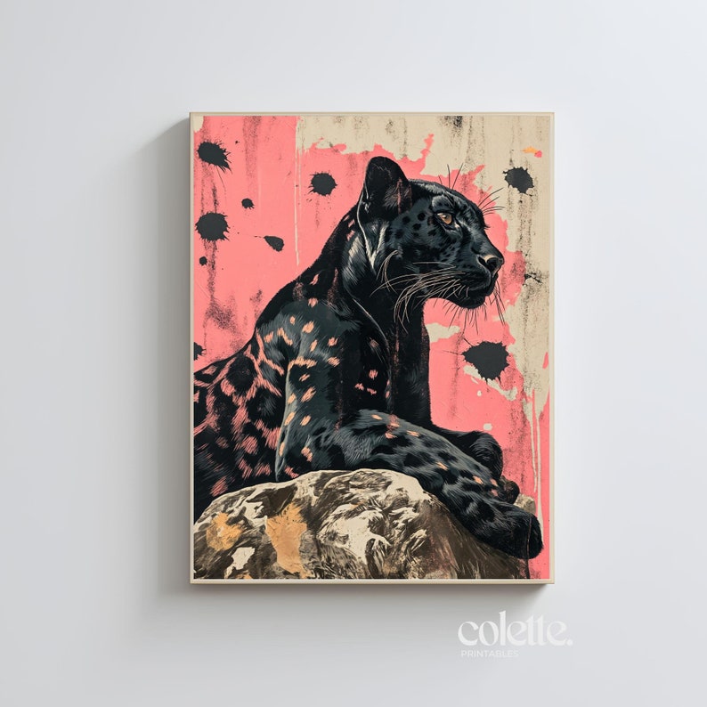 May include: A black panther with spots sits on a rock against a pink and beige background with black paint splatters. The panther is looking to the right of the image.