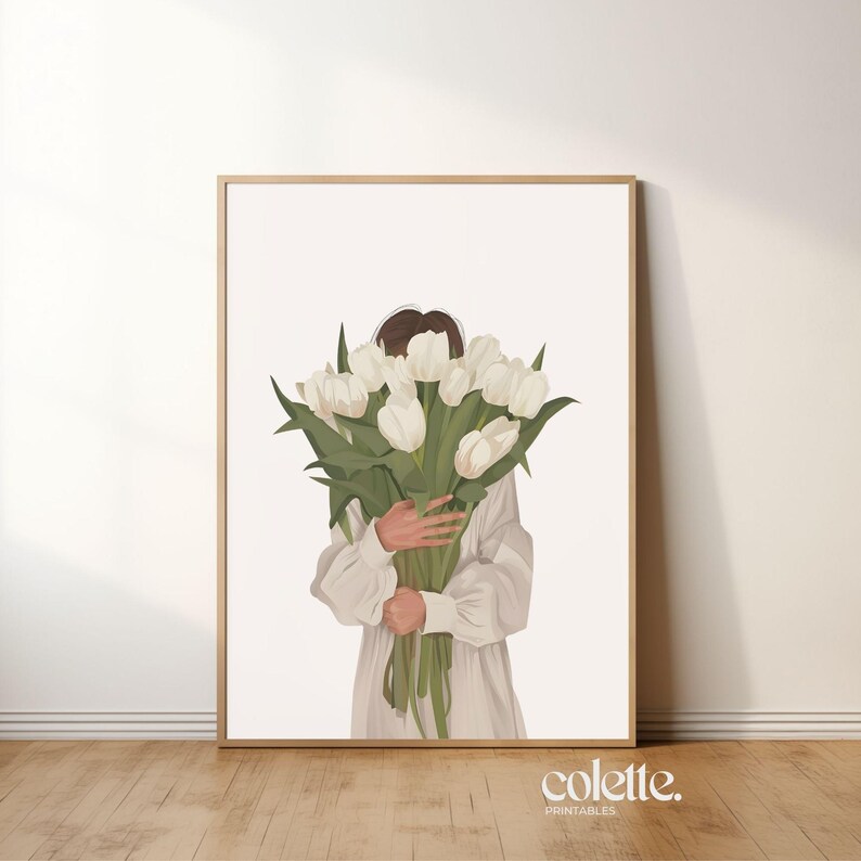 May include: A digital illustration of a person holding a bouquet of white tulips. The person is wearing a white dress and is holding the tulips in front of their face.