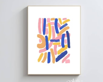 Arte de pared moderno y colorido, arte lineal, arte abstracto, arte imprimible, obra de arte multicolor, decoración del hogar, guardería, descarga digital