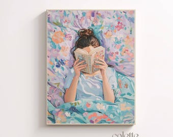Woman reading painting Printable woman in bed wall art Bed of flower poster Romantic book lover gift  Spring artwork Girlie flower print 293