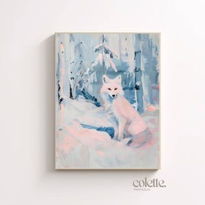 White fox in snow painting Arctic fox printable Winter forest scene wall art Snow fox poster White scene vixen print Forest snow scenery 225