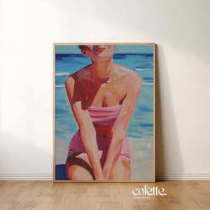 Retro kobieta kostium kąpielowy malarstwo Wydrukowalny plakat kobieta przy basenie Dziewczyna na plaży sztuka ścienna Wydruk kostiumu kąpielowego Lato grafika Nadmorski 118