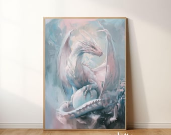 Pastel Dragon Painting: Girly Fantasy Art Print, Dragon egg wall art (Digital Download) 146