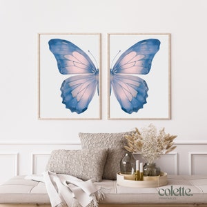 Pink split butterfly wall art Set of butterfly wings painting Printable purple butterfly Girl room Light pink and sky blue with gold details