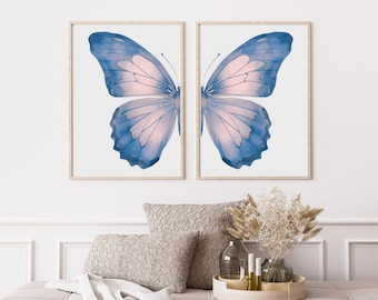 Pink split butterfly wall art Set of butterfly wings painting Printable purple butterfly Girl room Light pink and sky blue with gold details