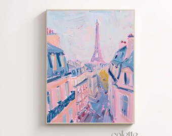 Pastel Paris painting Printable wall art Eiffel tower painting Paris landscape Pink Paris skyline poster Girly artwork 275