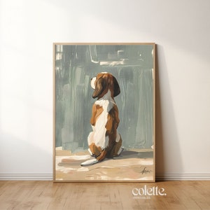 Dipinto a olio di cane / Arte murale STAMPABILE / Download digitale / Decorazione soggiorno / Dipinto di beagle bianco con macchie marroni, sfondo verde polvere