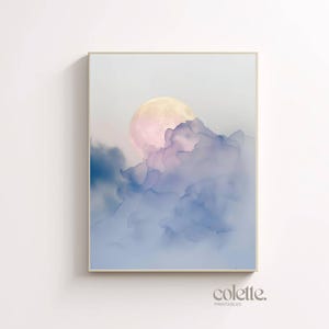 Moon in clouds wall art Full moon poster Blue sky and pink clouds photo Cloud sky photo Moon wall art Living room decor Cloud artwork 195