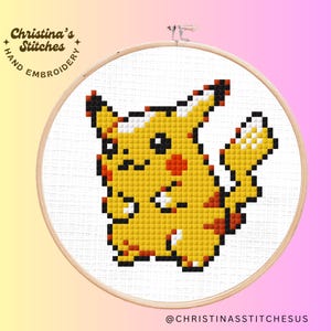 May include: Embroidered design of a yellow Pikachu character from the Pokemon franchise. The design is in a pixelated style, similar to the original video game graphics.