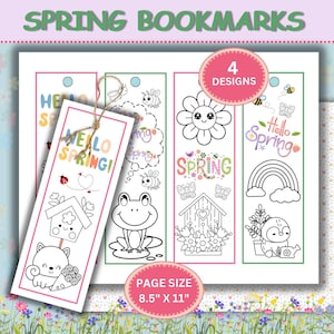 Puede incluir: Un conjunto de marcadores con temática de primavera con cuatro diseños únicos. Cada marcador presenta ilustraciones en blanco y negro de flores, animales y el texto "Hello Spring!" y "Spring". El tamaño de la página es de 21,6 cm x 27,9 cm.