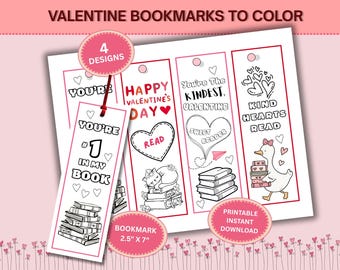 Valentine's Day Book Coloring Bookmarks; Printable; Classroom, Home School, Sunday school craft; Valentine gift for Mom, Dad, and friends