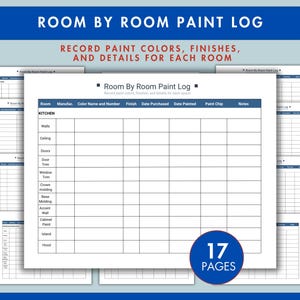 以下が含まれることがあります： 「ROOM BY ROOM PAINT LOG」と書かれた青いヘッダーが付いた白い紙の束。各部屋のペイントの色、仕上げ、詳細を記録するためのグリッドレイアウトになっています。下部の青い円には「17 PAGES」と書かれています。