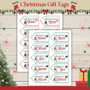 Puede incluir: Etiquetas de regalo de Navidad con texto que dice "Something You Want", "Something You Need", "Something to Wear", "Something to Read", "Something to Eat", "Something to Play", "Something to Share", "Something to Bring Joy", "Something to Relax" y "Something to Create".