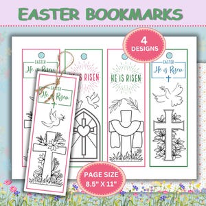 May include: A set of Easter-themed bookmarks with the text "He is Risen" and various designs, including crosses, doves, and floral elements. The bookmarks are printed on 8.5" x 11" paper and feature four different designs.