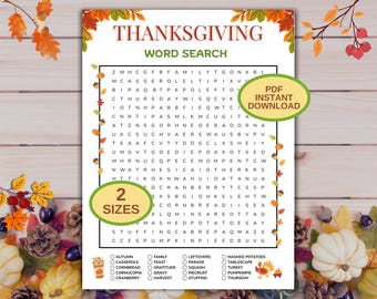 Thanksgiving Word Search Game: Family Holiday Activity (Printable Digital Download) ;20x20 Grid + answers | Kids & Adults | Classroom Game