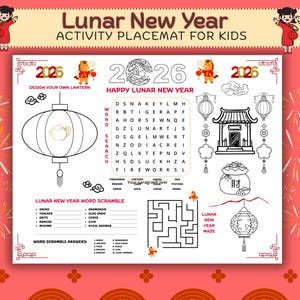 Lunar New Year 2026 Coloring Activity Placemat for kids; Printable; CNY game; Chinese New Year kids activity and coloring page