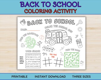 Back to School Coloring Placemat: First Day Activity (PDF Download) ; Home School Activity