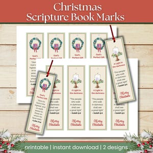 May include: Christmas-themed scripture bookmarks with wreath and candle illustrations. Each bookmark features religious text and the words "Merry Christmas." The image includes the text "printable | instant download | 2 designs."