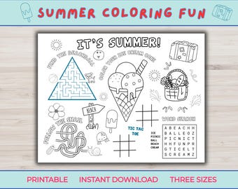 Summer Coloring Placemat: Kids Activity Sheet, All Ages;  Summer Games; Kids Coloring Sheet; Home School Activity; Activity Placemat
