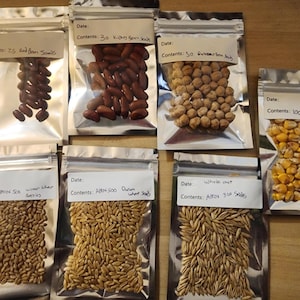 Peut inclure: Plusieurs sachets de graines argentés, chacun avec une étiquette blanche indiquant le contenu. Les sachets contiennent diverses graines, notamment des haricots rouges, du maïs de champ et de l'avoine. Les étiquettes indiquent également le nombre de graines.