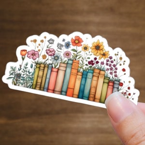 Flower and Book Sticker, Bookish Kiss-Cut Stickers, Stack of Books on a Bookshelf, Kindle Sticker, Phone Sticker, Book Lovers Stickers