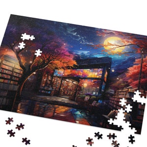 Bookish Jigsaw Puzzle, AI Generated Mosaic Style Wall Art, 1000 piece puzzle in Metal Tin,, Colorful Bookstore Front Puzzle