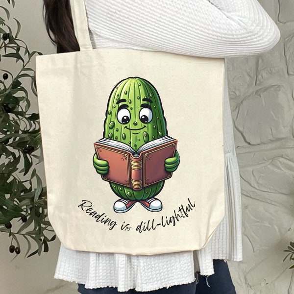 Pickle Tote Bag, Reading is Dill-lightful bag, Funny Pickle Tote Bag, Large Bookish Library Tote Bag, Reusable Shopping Bag for Book Lovers