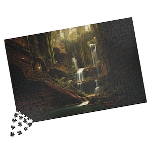 Library Puzzle, 1000 piece puzzle, bookish puzzle, unique AI puzzle, challenging puzzle, artful puzzle wall art, Plant, Water, and Staircase