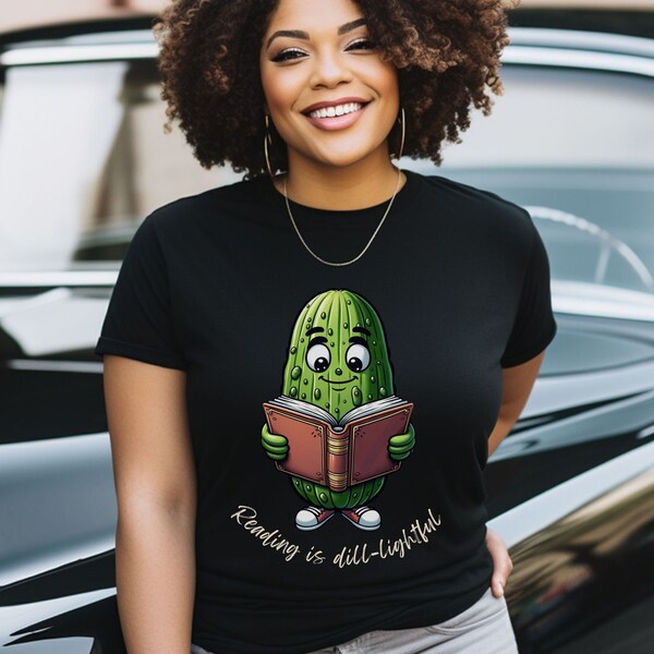 Pickle Shirt, Funny Bookish Shirt, Pickle Reading a Book Tshirt, Reading is Dill-Lightful, Pickle Pun Shirt, Unisex Funny Tshirt Gift