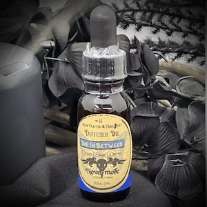 May include: A dark glass diffuser oil bottle with a black dropper. The label reads "The In Between" with "Ocean | Sage | Ozone" and "Nevermore" text. The bottle contains 0.5 fl oz (14 ml) of oil.