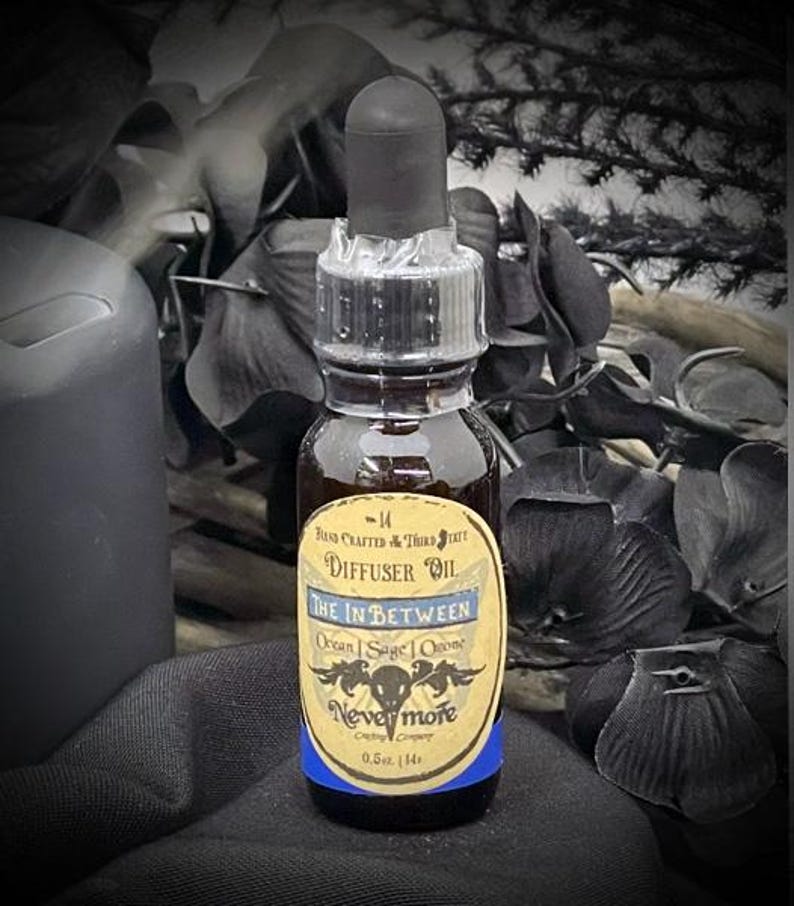 May include: A dark glass diffuser oil bottle with a black dropper. The label reads "The In Between" with "Ocean | Sage | Ozone" and "Nevermore" text. The bottle contains 0.5 fl oz (14 ml) of oil.