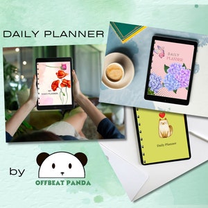 Op de afbeelding: Drie verschillende ontwerpen voor dagelijkse planners met een bloemenpatroon, een vlinder en een kat. De tekst "Daily Planner" is zichtbaar op elk ontwerp. De tekst "by Offbeat Panda" is ook zichtbaar.