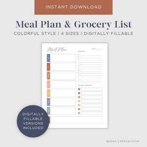 Digital or Printable Weekly Meal Planner Color l 7 Day Menu Plan l Grocery List l Meal Tracker l Food Journal l Fitness l Health l A4 l A5