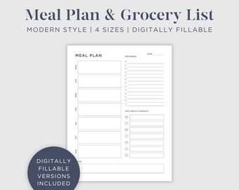 Digital or Printable Weekly Meal Planner Modern l 7 Day Menu Plan l Grocery List l Meal Tracker l Food Journal l Fitness l Health l A4 l A5