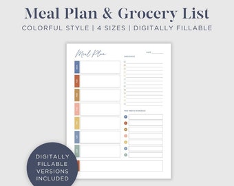 Digital or Printable Weekly Meal Planner Color l 7 Day Menu Plan l Grocery List l Meal Tracker l Food Journal l Fitness l Health l A4 l A5