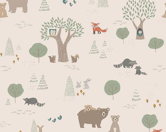 FLANNEL Elmer and Eloise Sand - F14690 Riley Blake Designs, Bears Rabbits Owls Racoons Foxes Quail Mushrooms Trees, FLANNEL Cotton Fabric
