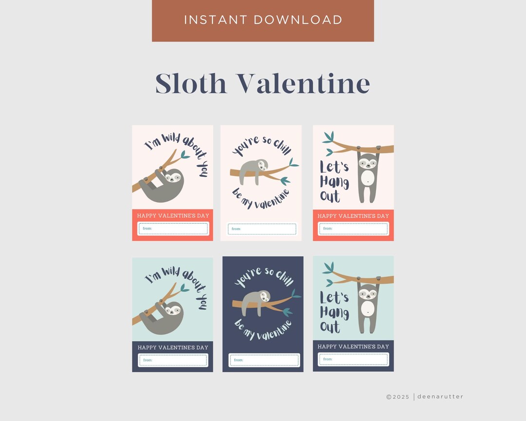 Sloth Valentine Cards | Kids Printable Valentines (digital Download) - Etsy