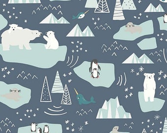 FLANNEL Nice Ice Baby Navy - F12573 Riley Blake Designs, Polar Bears Narwhal Penguins Seal Icebergs Snowflakes Trees, FLANNEL Cotton Fabric