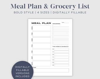 Digital or Printable Weekly Meal Planner Bold l 7 Day Menu Plan l Grocery List l Meal Tracker l Food Journal l Fitness l Health l A4 l A5