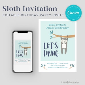 Sloth Birthday Party EDITABLE Invitation/Sloth Birthday Party Invite/Sloth Invitation/Sloth Birthday Party/Instant Download/Party Favor Tag