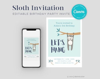 Faultier Geburtstagseinladungsvorlage, bearbeitbarer Party Favor Tag (digitaler Download)