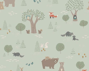 FLANNEL Elmer and Eloise Sage - F14690 Riley Blake Designs, Bears Rabbits Owls Racoons Foxes Quail Mushrooms Trees, FLANNEL Cotton Fabric