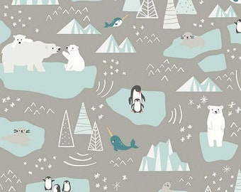 FLANNEL Nice Ice Baby Gray - F12573 Riley Blake Designs, Polar Bears Narwhal Penguins Seal Icebergs Snowflakes Trees, FLANNEL Cotton Fabric