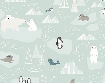 FLANNEL Nice Ice Baby Mint - F12573 Riley Blake Designs, Polar Bears Narwhal Penguins Seal Icebergs Snowflakes Trees, FLANNEL Cotton Fabric