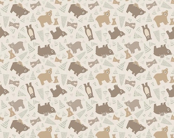 FLANNEL Elmer and Eloise Sand - F14691 Riley Blake Designs, Bears Bear Cubs Trees, FLANNEL Cotton Fabric
