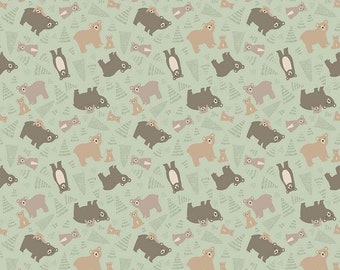 FLANNEL Elmer and Eloise Sage - F14691 Riley Blake Designs, Bears Bear Cubs Trees, FLANNEL Cotton Fabric