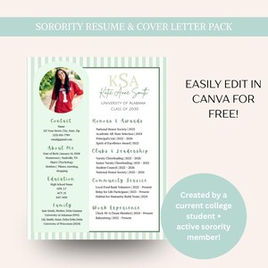 Peut inclure: Un modèle de CV et de lettre de motivation de sororité avec une photo, des coordonnées et des sections pour l'éducation, les honneurs et l'expérience professionnelle. Le design comprend un code couleur vert clair et blanc.