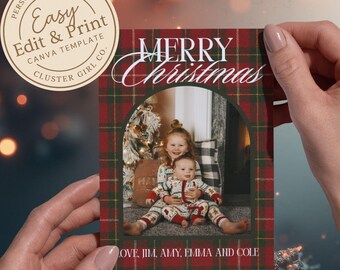 Carte de Noël rouge intemporelle à carreaux | Modèle de carte de voeux modifiable Canva